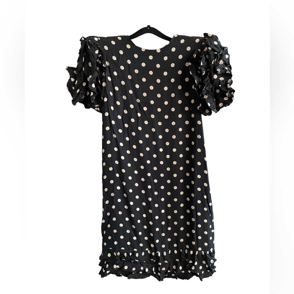 Vintage Maggie London 100% Silk Dress with puff ruffle sleeve & shoulder pads